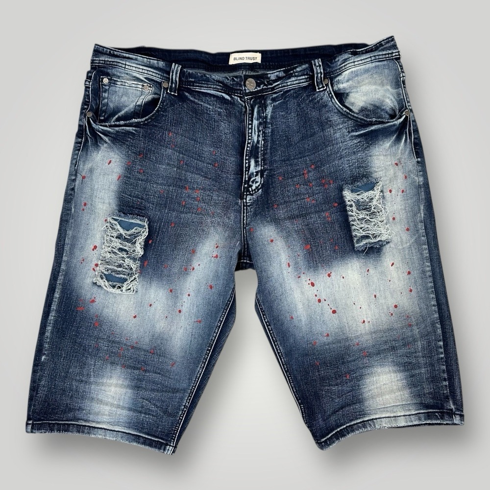 Blind Trust Denim Shorts Men's 48 (44x15) Blue Stretch Distressed Paint Splatter